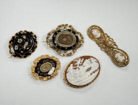 Three assorted Victorian mourning brooches, including two yellow metal, one set with seed pearls and
