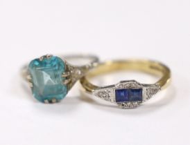 An Art Deco 18ct, plat and blue zircon set ring, with diamond chip set shoulders, size L, together