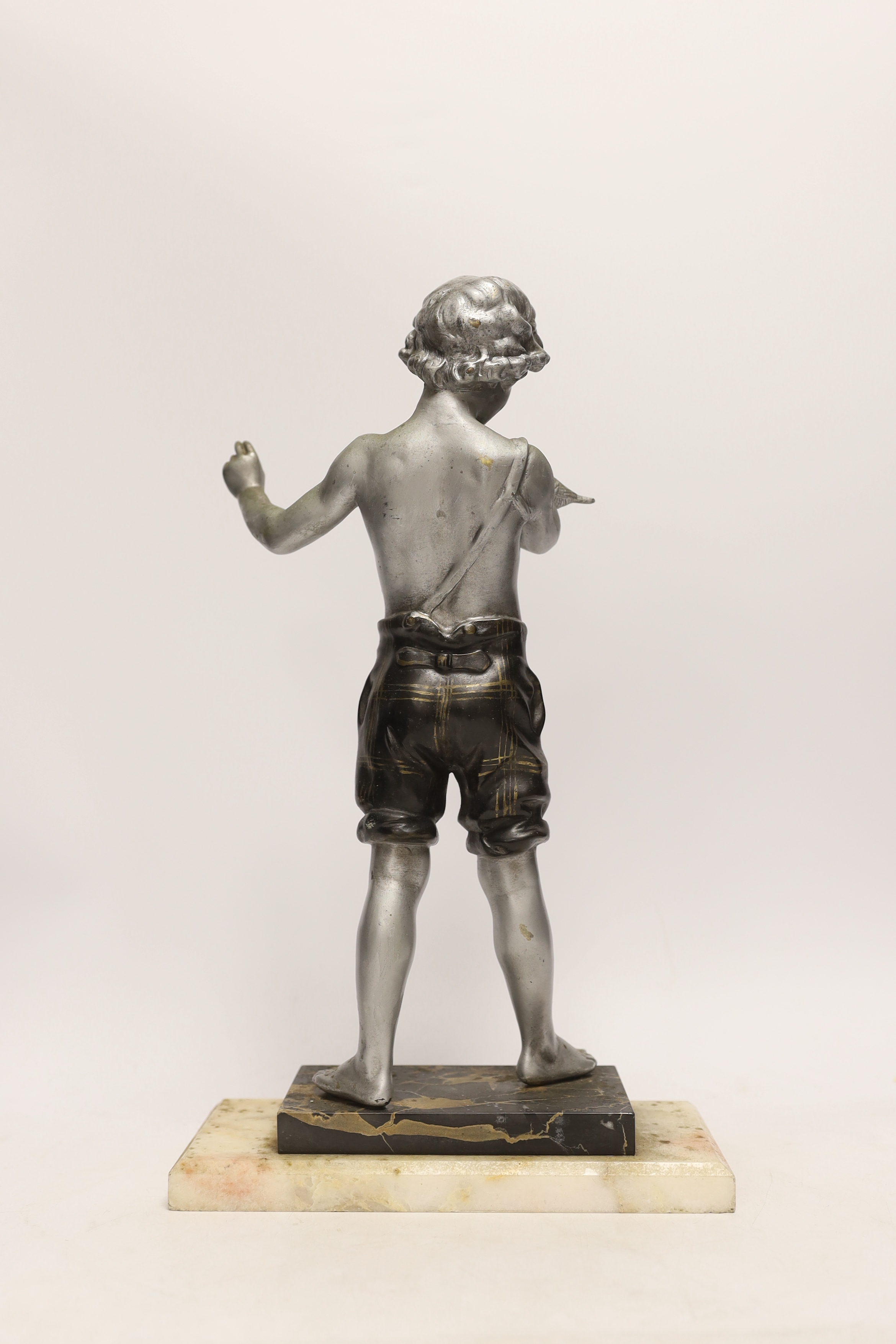 A spelter figure of a boy with bird on two step marble base, 39.5cm high - Image 3 of 3