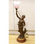 W. Hering, a spelter figural lamp with shade ‘Chant Pes Fres’, on faux marble base, 83cm