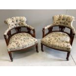A pair of late Victorian mahogany upholstered tub framed salon chairs, width 61cm, depth 61cm,