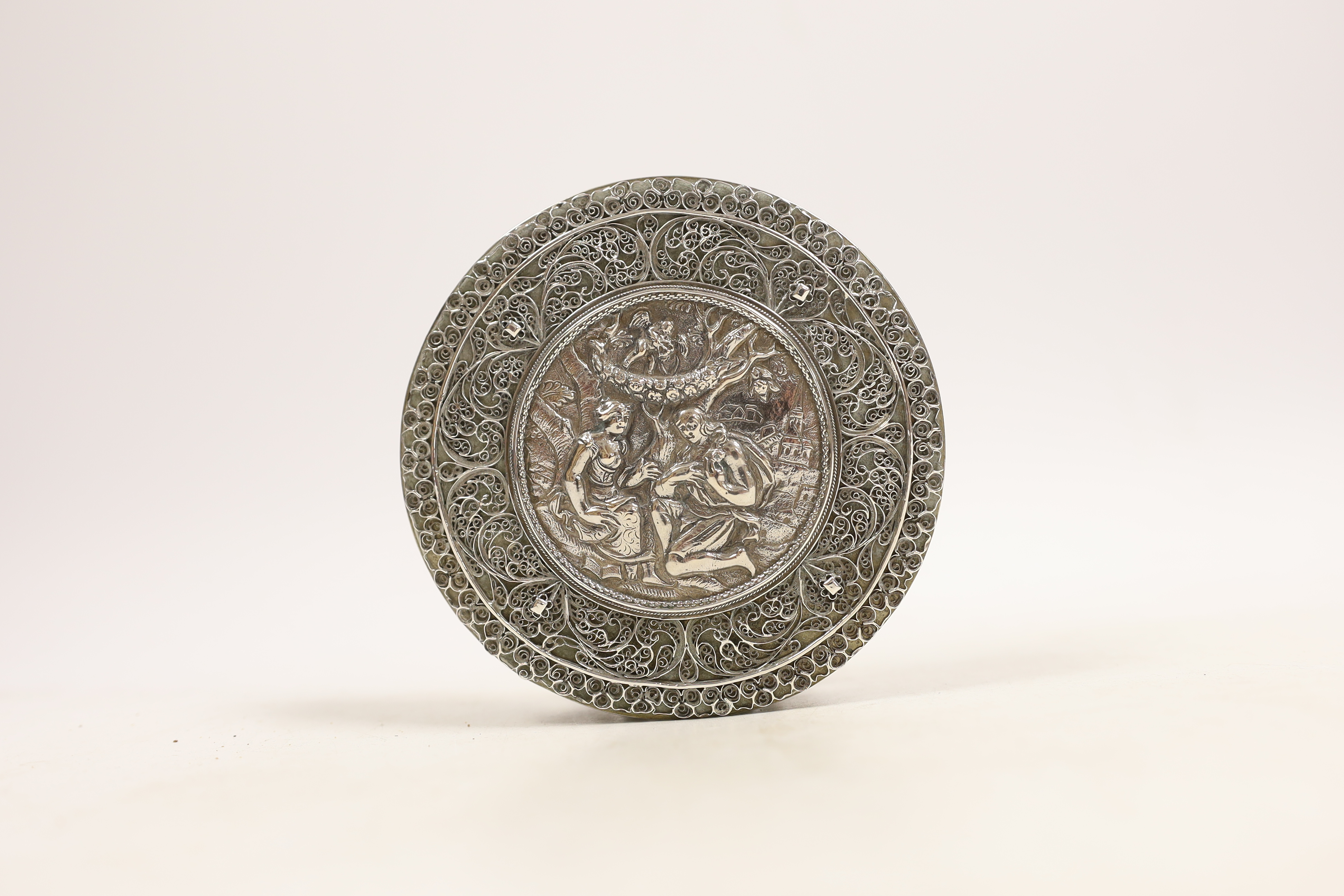 A continental white metal circular box and cover, with applied filigree decoration, diameter 11.2cm, - Image 2 of 3