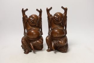 Two Chinese carved wood figures of Budai, 22cm high