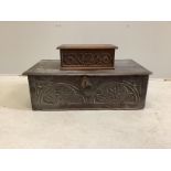 An 18th century oak bible box, width 68cm, depth 39cm, height 22cm, together with a Victorian carved