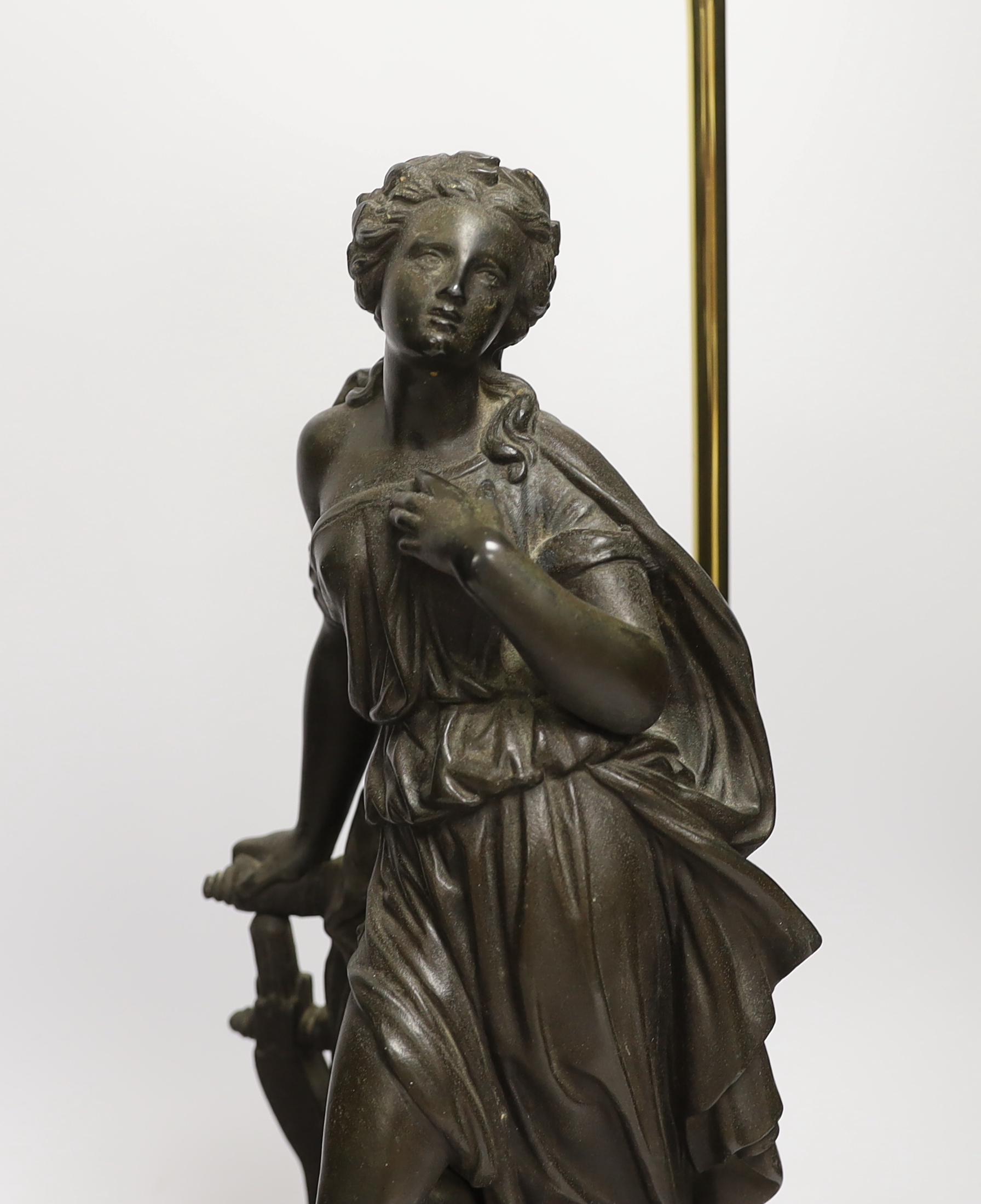 A pair of spelter figural table lamps emblematic of poetry and history, overall 56cm high - Image 4 of 7