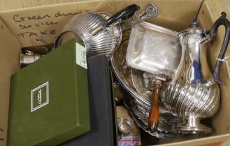 Assorted plated wares including coasters, tea set, flatware, entree dish etc., and a Christofle