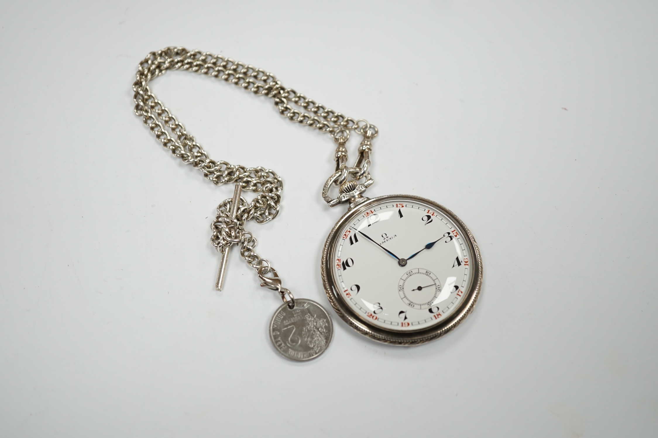 A German 900 standard cased Omega keyless open face dress pocket watch, with Arabic dial and - Image 4 of 7
