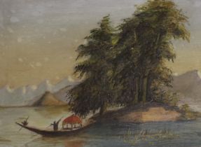 Eastern School, oil on board, Landscape with figure and boat, 12 x 17cm, ornate gilt frame