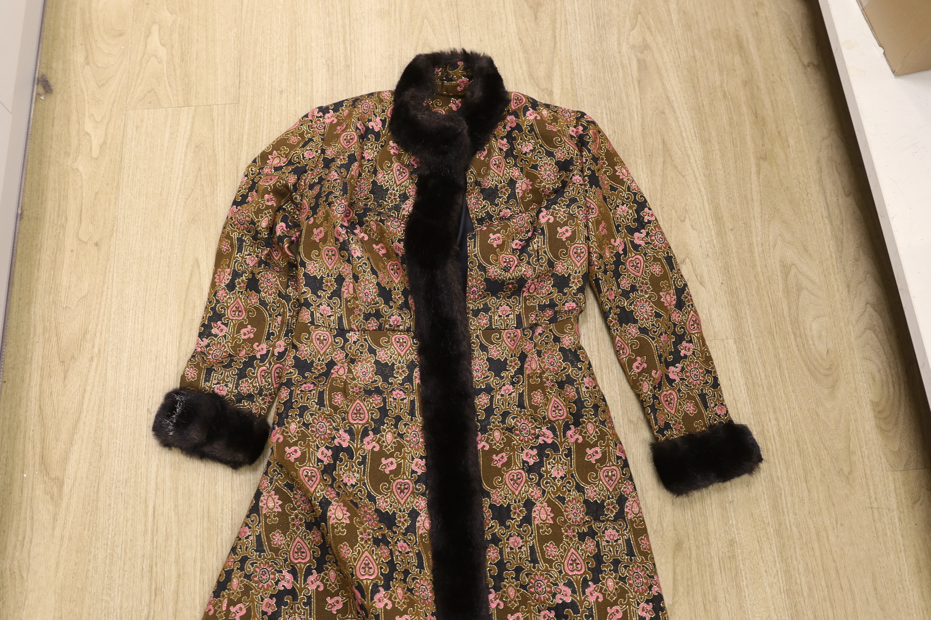Two late 20th century brocade ladies evening coats, one with fur trimming to the neck, cuffs and - Image 5 of 5