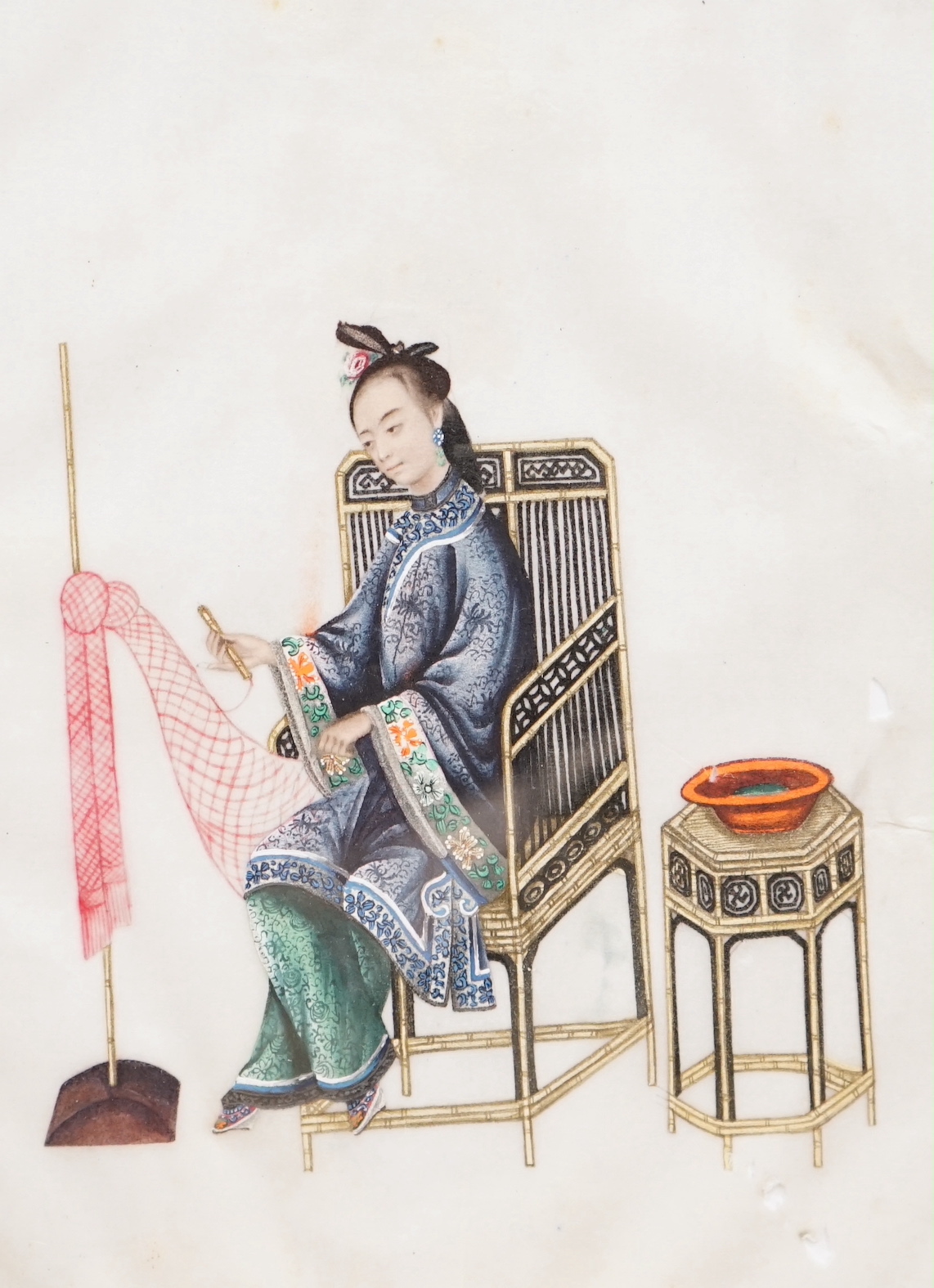 19th century Chinese School, set of six pith paper paintings, 'Ladies at work', 23.5 x 16.5cm