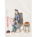 19th century Chinese School, set of six pith paper paintings, 'Ladies at work', 23.5 x 16.5cm