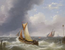Charles-Louis Verboeckhoven (Belgian, 1802-1889), oil on board, Fishing boat off a Dutch estuary,