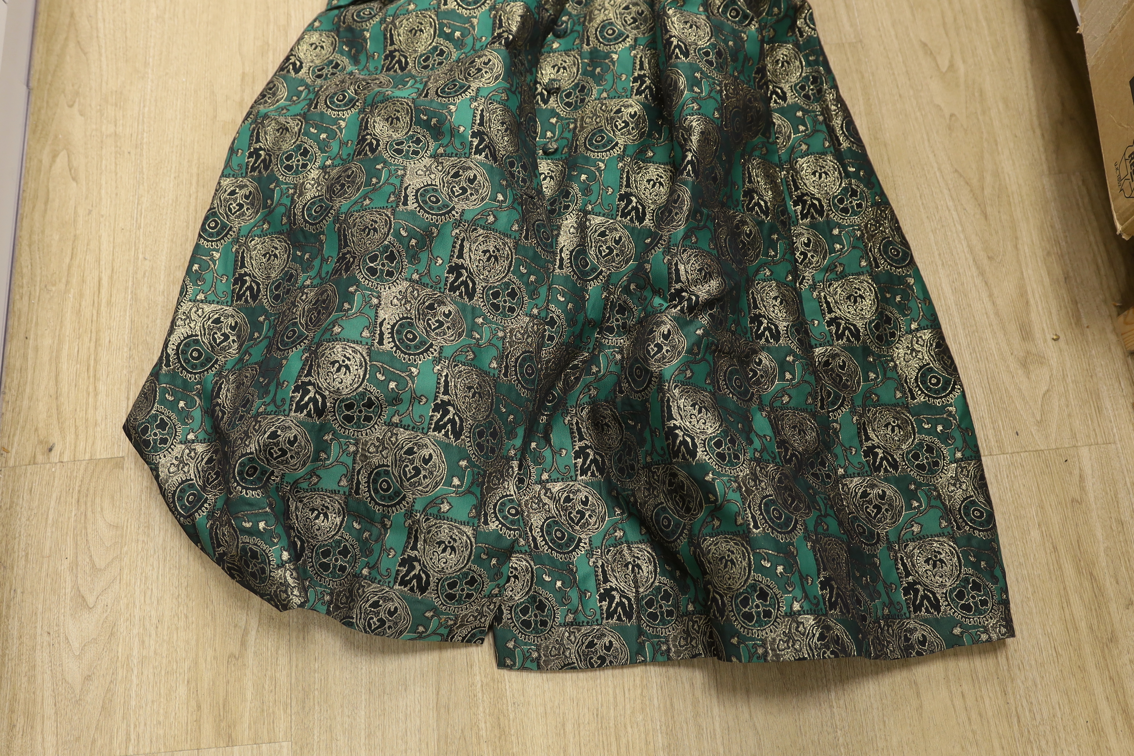 Two late 20th century brocade ladies evening coats, one with fur trimming to the neck, cuffs and - Image 2 of 5