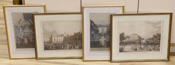 Four 18th / 19th century hand coloured engravings / aquatints, 'Arrival at Brandenburgh House of the