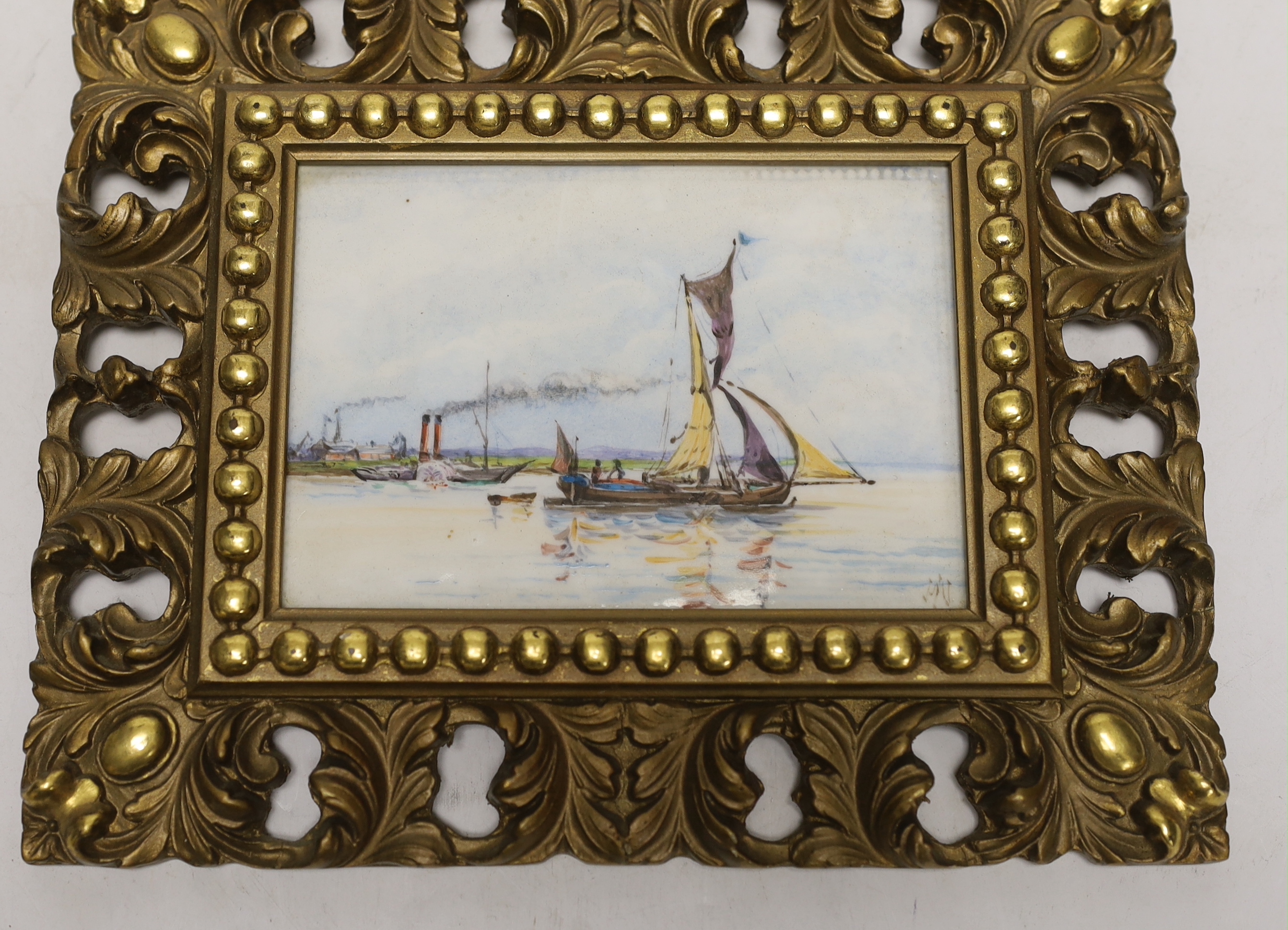 A pair of gilt framed painted porcelain plaques, indistinctly signed, 10x14cm excluding frame - Image 2 of 3