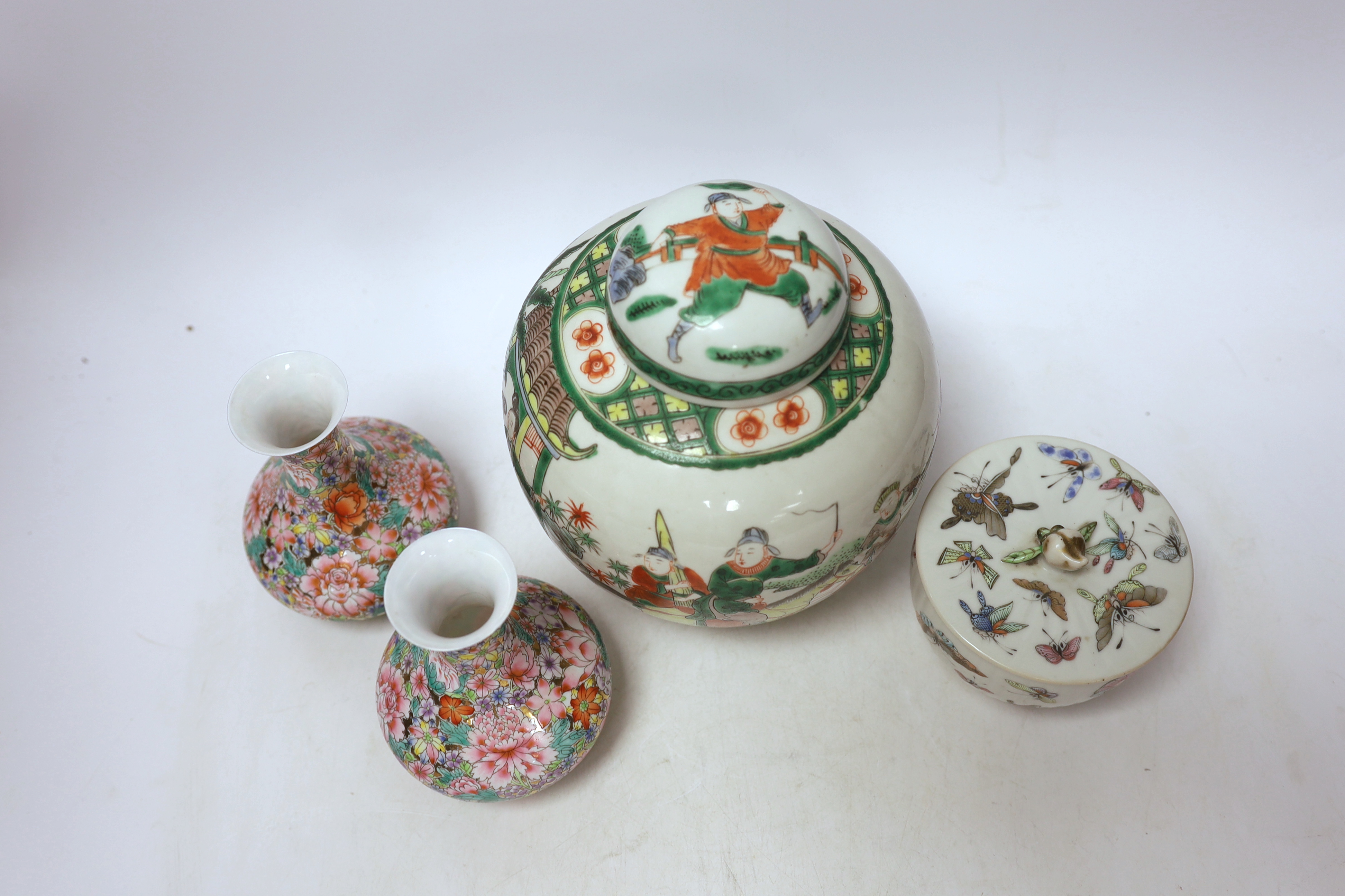 A Chinese famille rose 'butterfly' bowl and cover, Tongzhi mark and period, a famille verte jar - Image 4 of 8