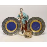 A Derby style figure of Neptune, two Wedgwood plates (one a.f.) and a Staffordshire drab ground jug,
