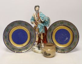 A Derby style figure of Neptune, two Wedgwood plates (one a.f.) and a Staffordshire drab ground jug,