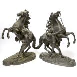 After Guillaume Coustou (1677-1746), a pair of bronze Marly horses, 37cm