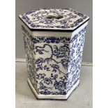 A Victorian Wedgwood hexagonal blue and white 'Swallow' pattern conservatory seat, width 34cm, hight