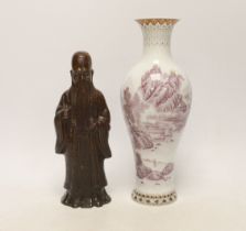 A Chinese bronze figure of Shou Lao and a Chinese Republic period vase, 1991, largest 26cm high