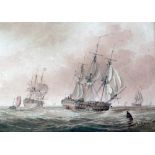 John Cantiloe Joy (1806-1866), watercolour, Shipping at sea, signed, 21 x 29cm