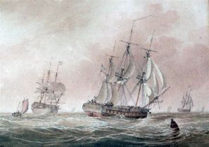 John Cantiloe Joy (1806-1866), watercolour, Shipping at sea, signed, 21 x 29cm