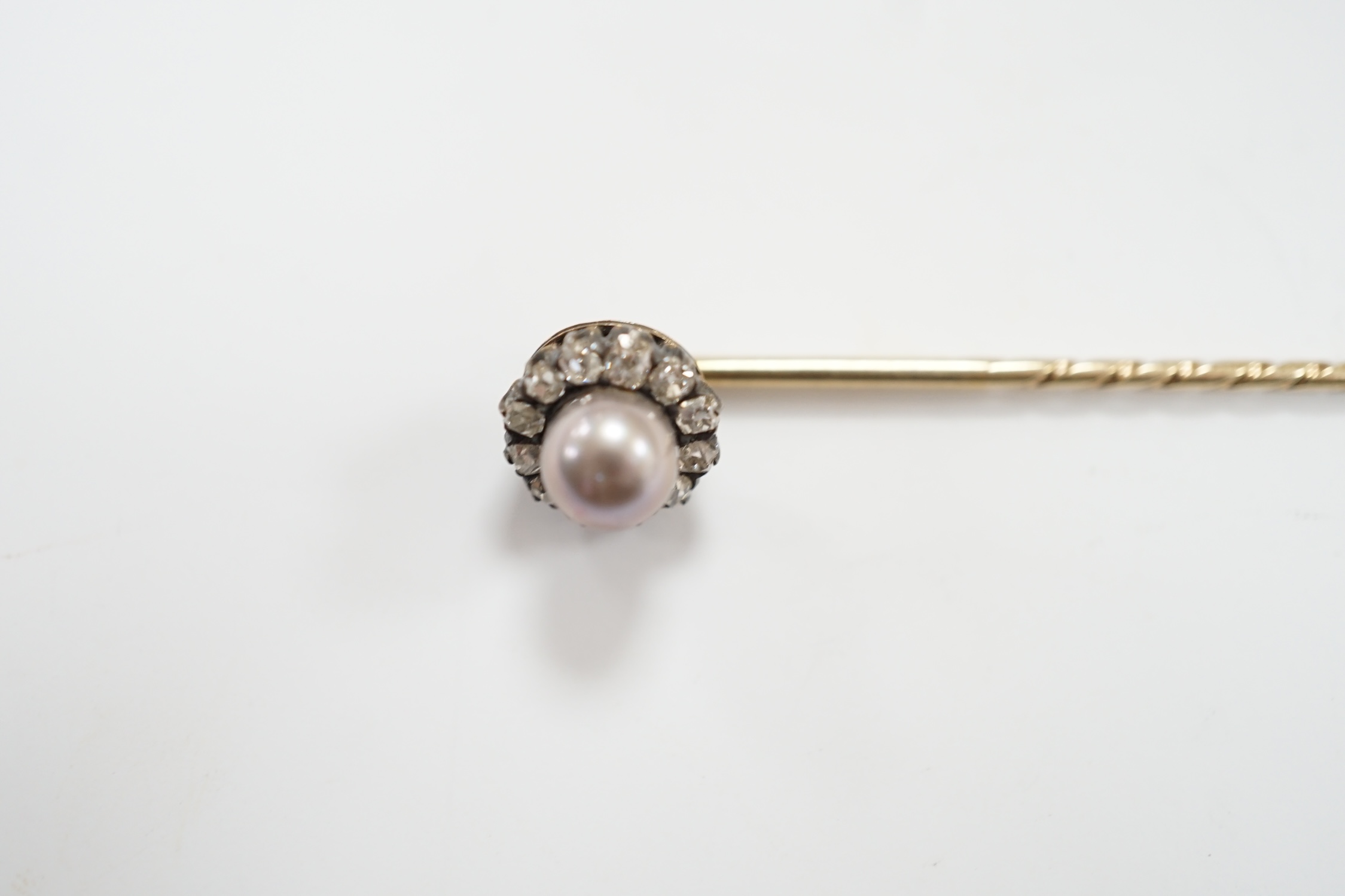An early 20th century yellow metal, cultured pearl and old cut diamond cluster set stick pin, - Image 2 of 5