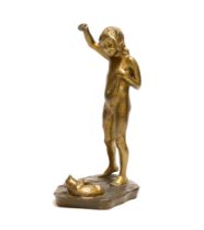 A Ferdinand Frick (1878-1939) for Goldscheider, bronze study of a girl with a cat, signed, 24cm