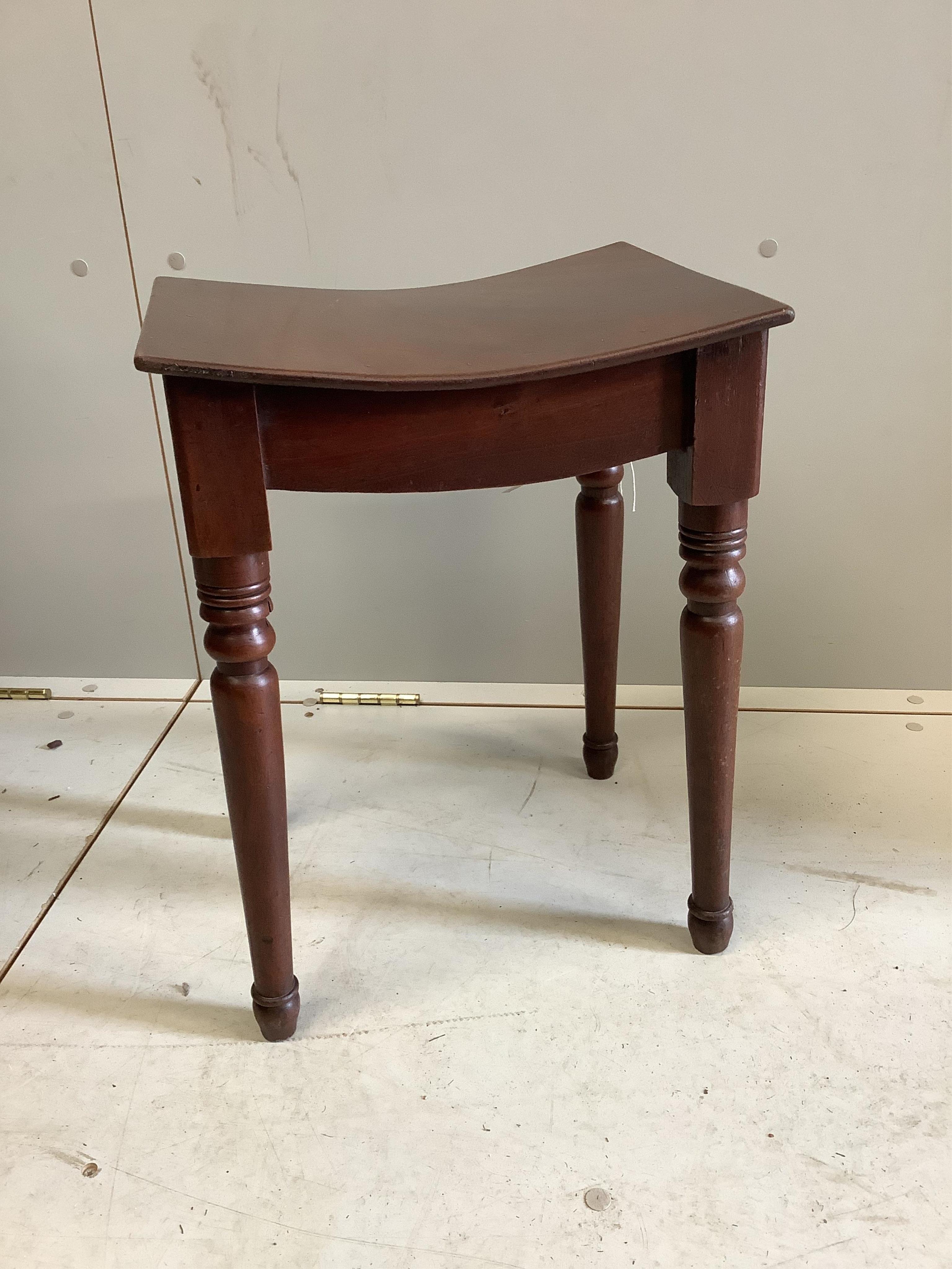 A Regency mahogany stool with curved seat, stamped Gillows, width 36cm, depth 36cm, height 48cm