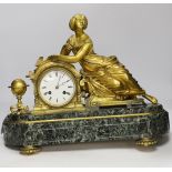 A late 19th century French ormolu and serpentine figural mantel clock, no key or pendulum, one