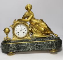 A late 19th century French ormolu and serpentine figural mantel clock, no key or pendulum, one