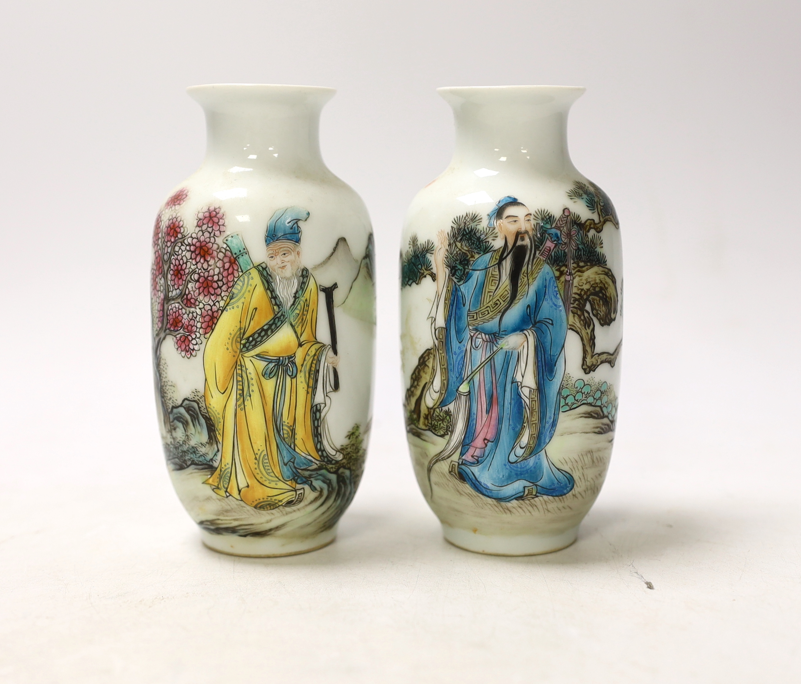 A pair of small Chinese famille verte vases, Qianlong marks but Republic period, depicting Lu