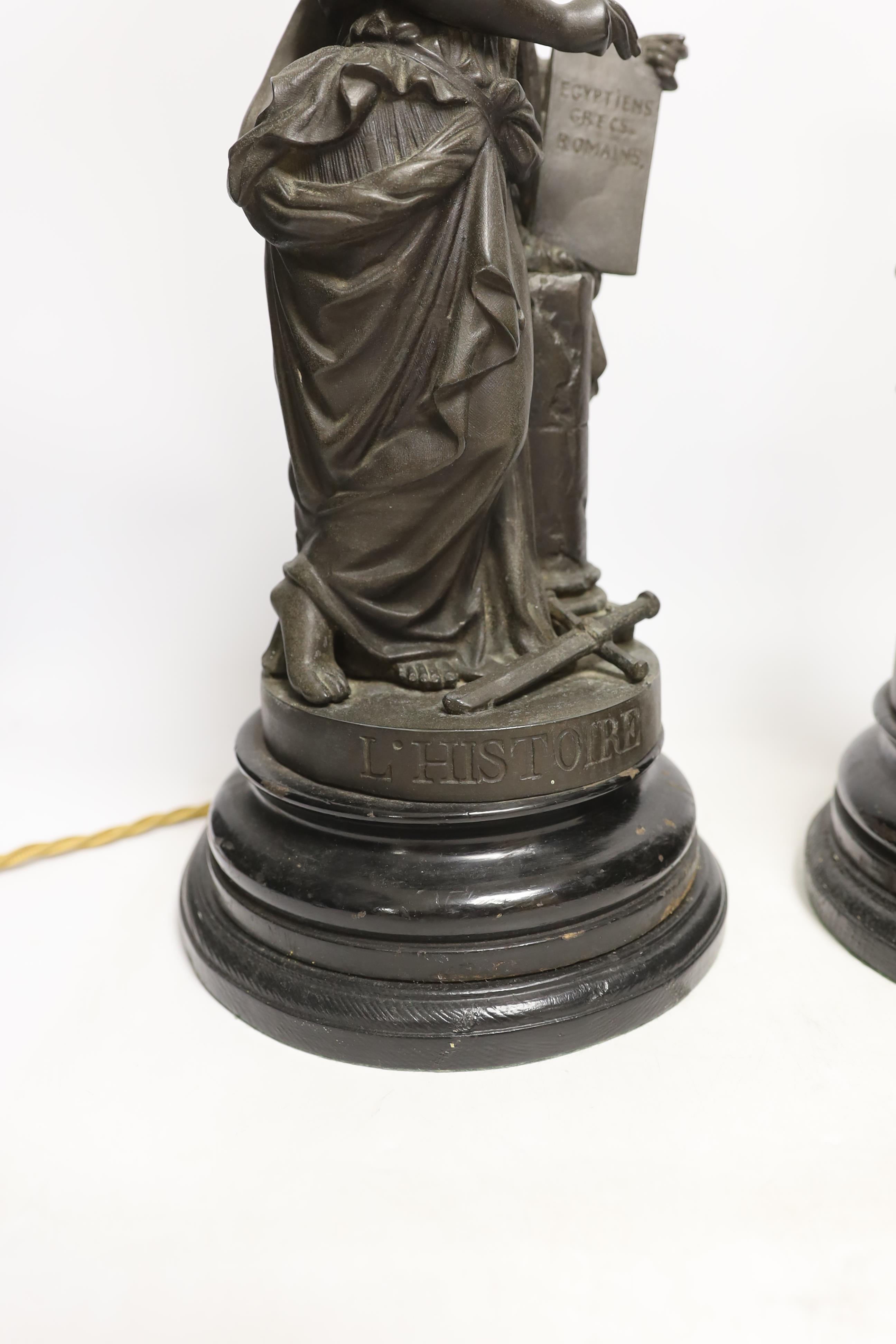 A pair of spelter figural table lamps emblematic of poetry and history, overall 56cm high - Image 3 of 7