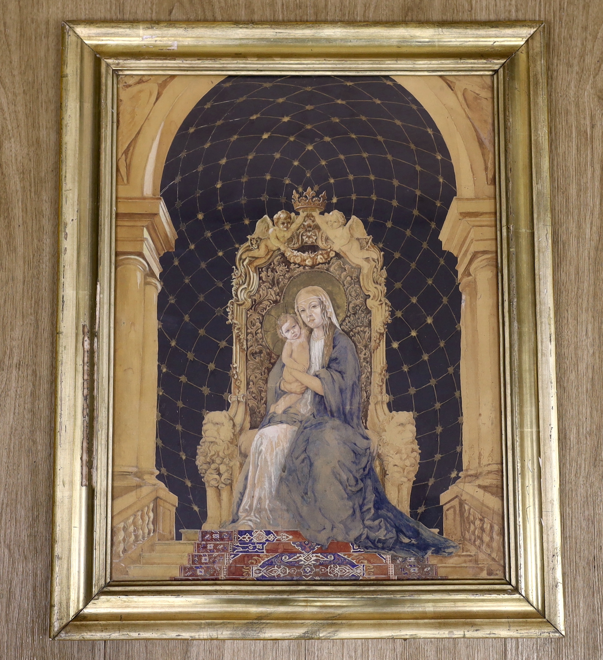 Continental School, heightened watercolour, Study of the Virgin Mary and Child seated on a throne, - Image 2 of 4