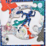 Jan Manker (Swedish, b.1941), contemporary mixed media and collage relief panel, Running figure, 123