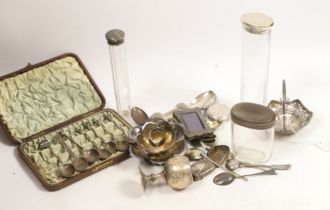 Sundry small silver and sterling items including teaspoons, hanging basket, goblet, miniature