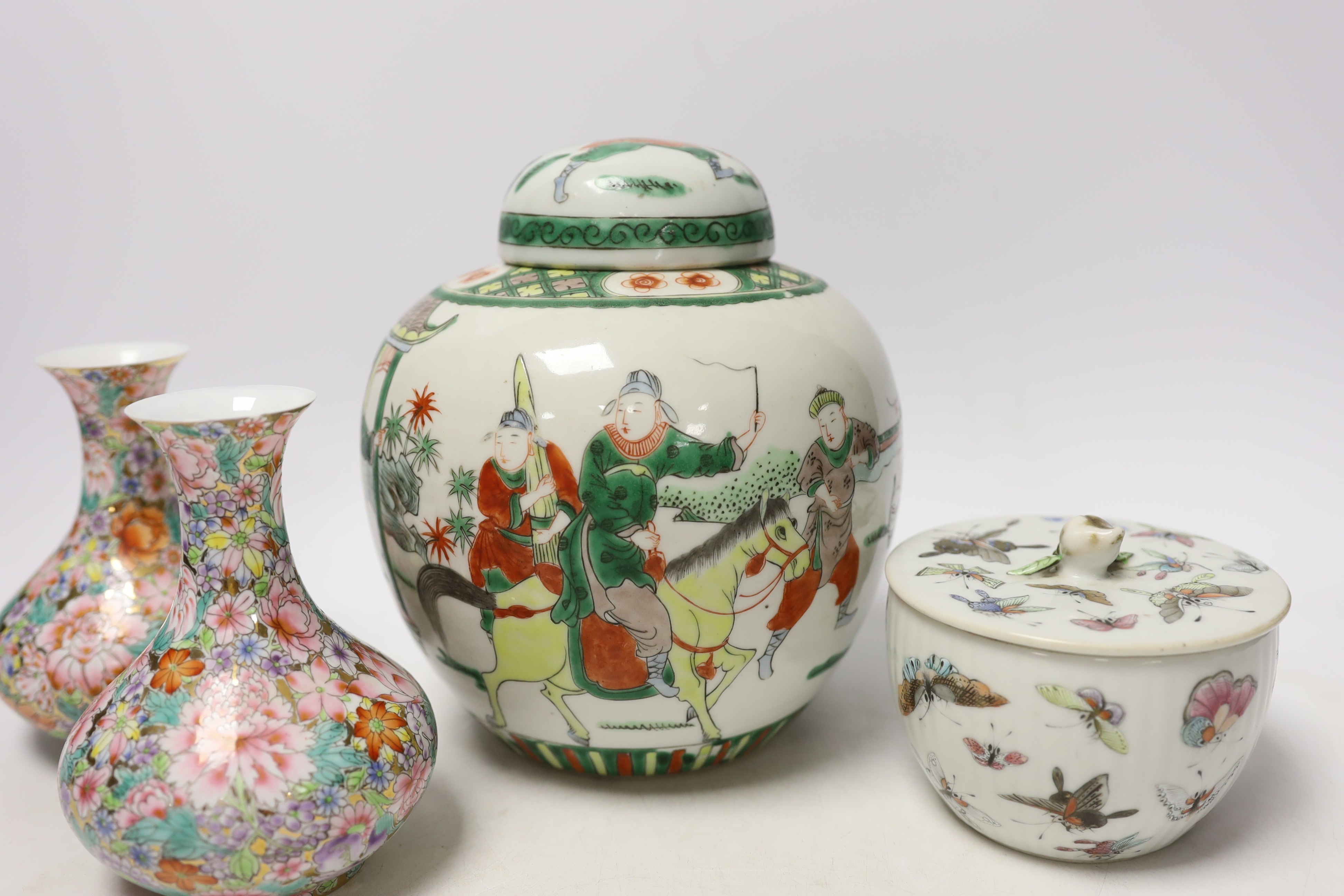 A Chinese famille rose 'butterfly' bowl and cover, Tongzhi mark and period, a famille verte jar - Image 3 of 8