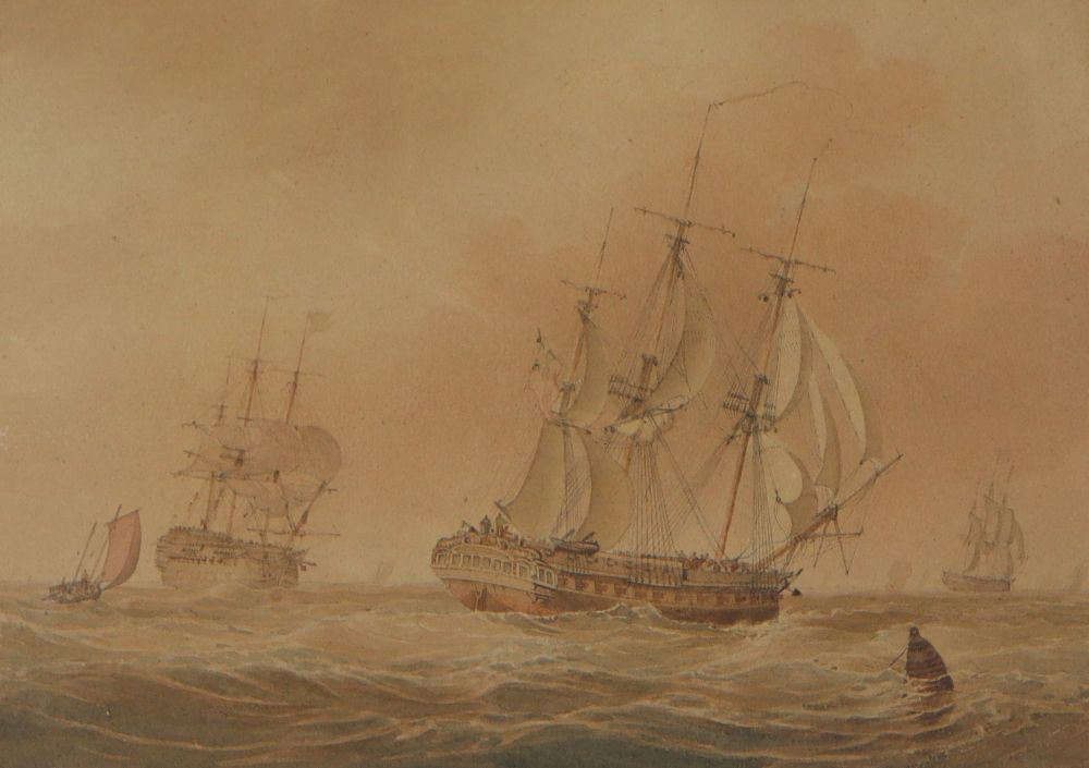 John Cantiloe Joy (1806-1866), watercolour, Shipping at sea, signed, 21 x 29cm - Image 2 of 5