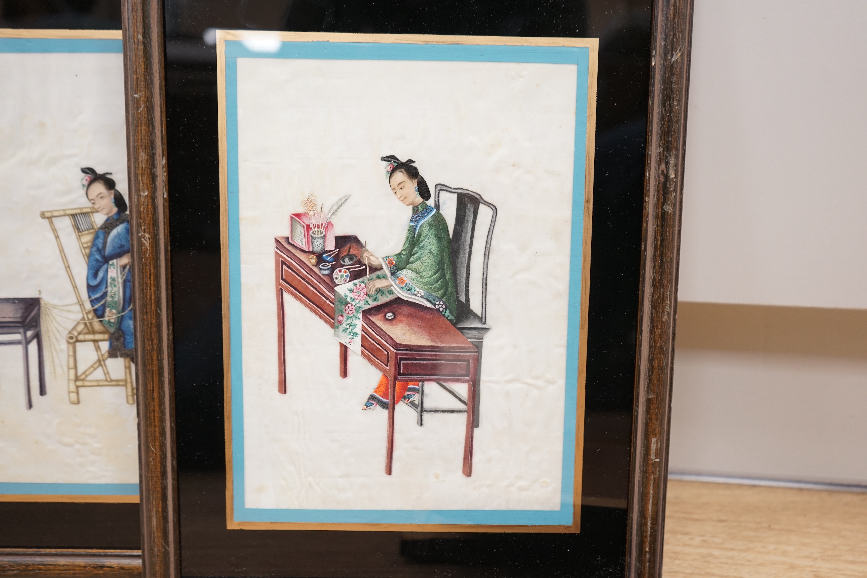 19th century Chinese School, set of six pith paper paintings, 'Ladies at work', 23.5 x 16.5cm - Image 5 of 7