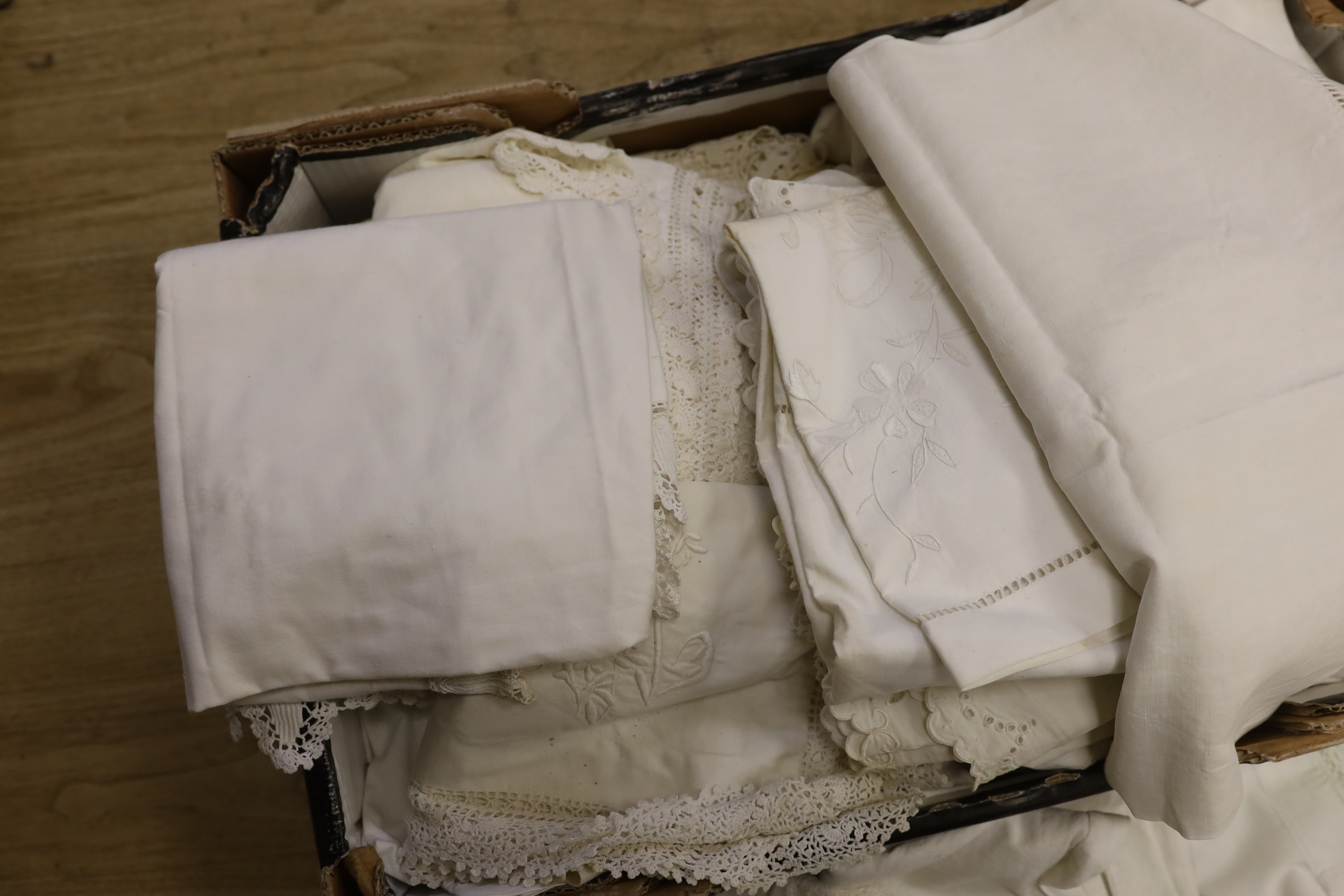 A large collection of French embroidered and crochet edged pillowcases and bolsters, some in pairs - Image 3 of 4