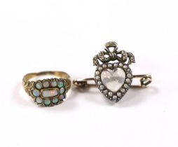 A Victorian yellow metal and white opal cluster set ring, size O and a similar moonstone and split