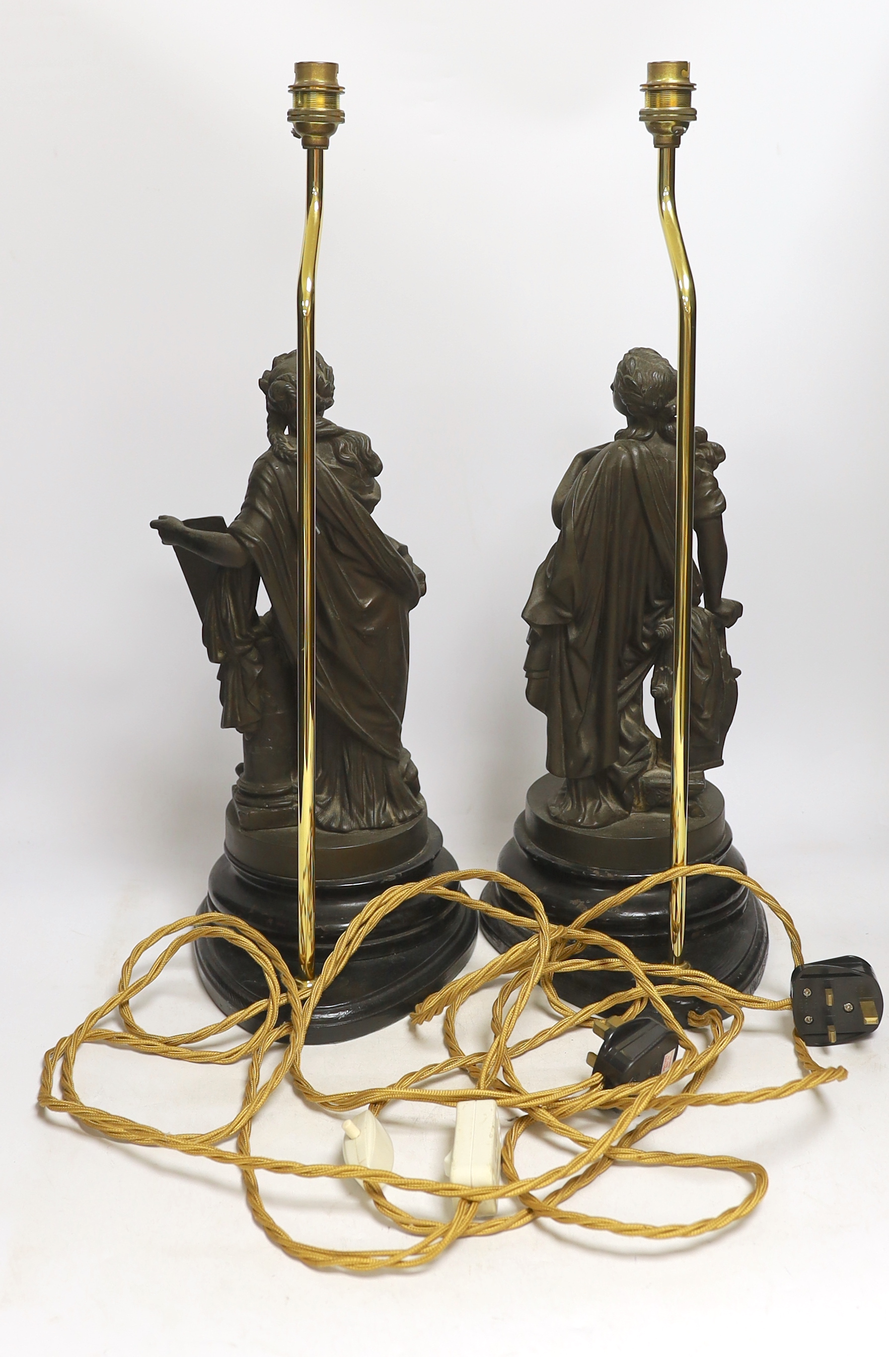 A pair of spelter figural table lamps emblematic of poetry and history, overall 56cm high - Image 6 of 7