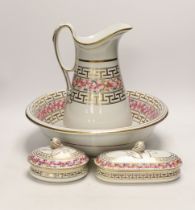 A J. Clementson stoneware toilet set including wash jug and bowl, largest 39cm in diameter