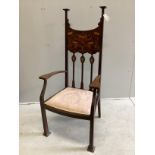 An Art Nouveau inlaid mahogany elbow chair in the manner of Shapland and Petter, width 65cm, depth