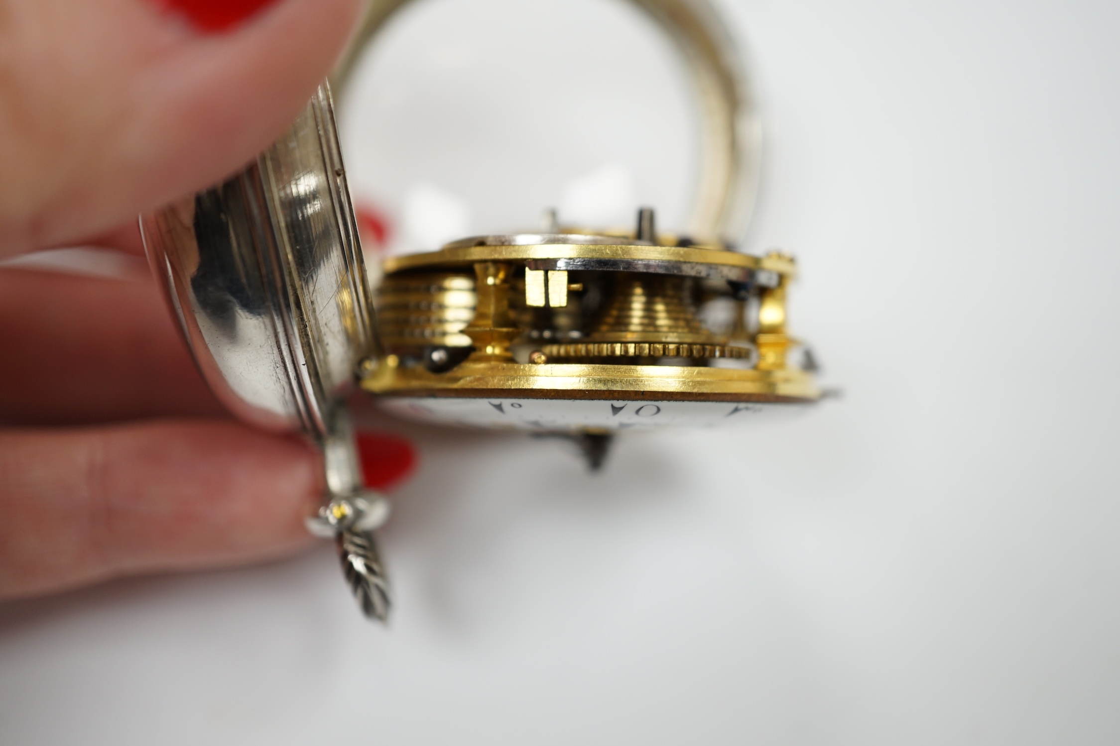 A late 18th century French white metal keywind verge open face pocket watch for the Turkish - Image 5 of 6