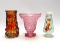 A Mdina vase, 16.5cm, a pink bell vase engraved ‘Made in France and an opalescent vase (3)
