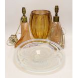A glass gold flecked vase, a dish and a pair of lamps, largest 40cm