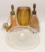 A glass gold flecked vase, a dish and a pair of lamps, largest 40cm