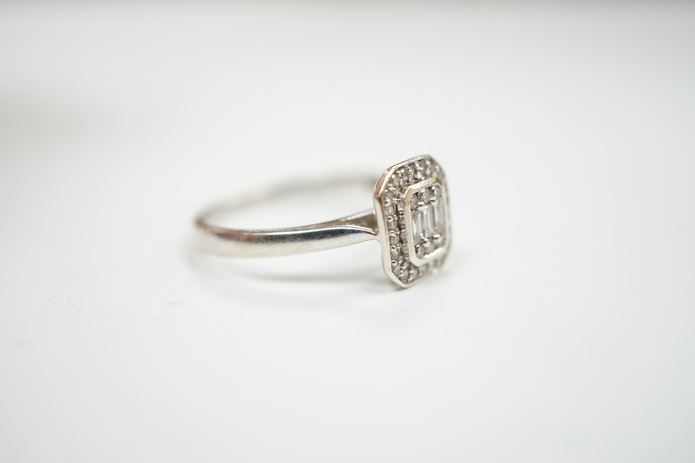 A modern 9ct white gold and diamond set cluster ring, size N, gross weight 2.5 grams. - Image 3 of 4